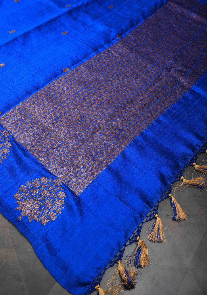 Royal Blue Borderless Banarasi Raw Silk Saree with Damask Antique Zari Buttas | SILK MARK CERTIFIED
