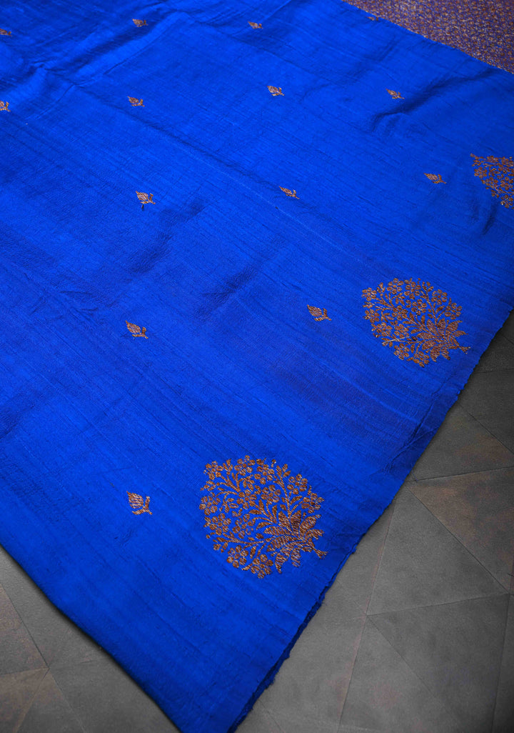 Royal Blue Borderless Banarasi Raw Silk Saree with Damask Antique Zari Buttas | SILK MARK CERTIFIED