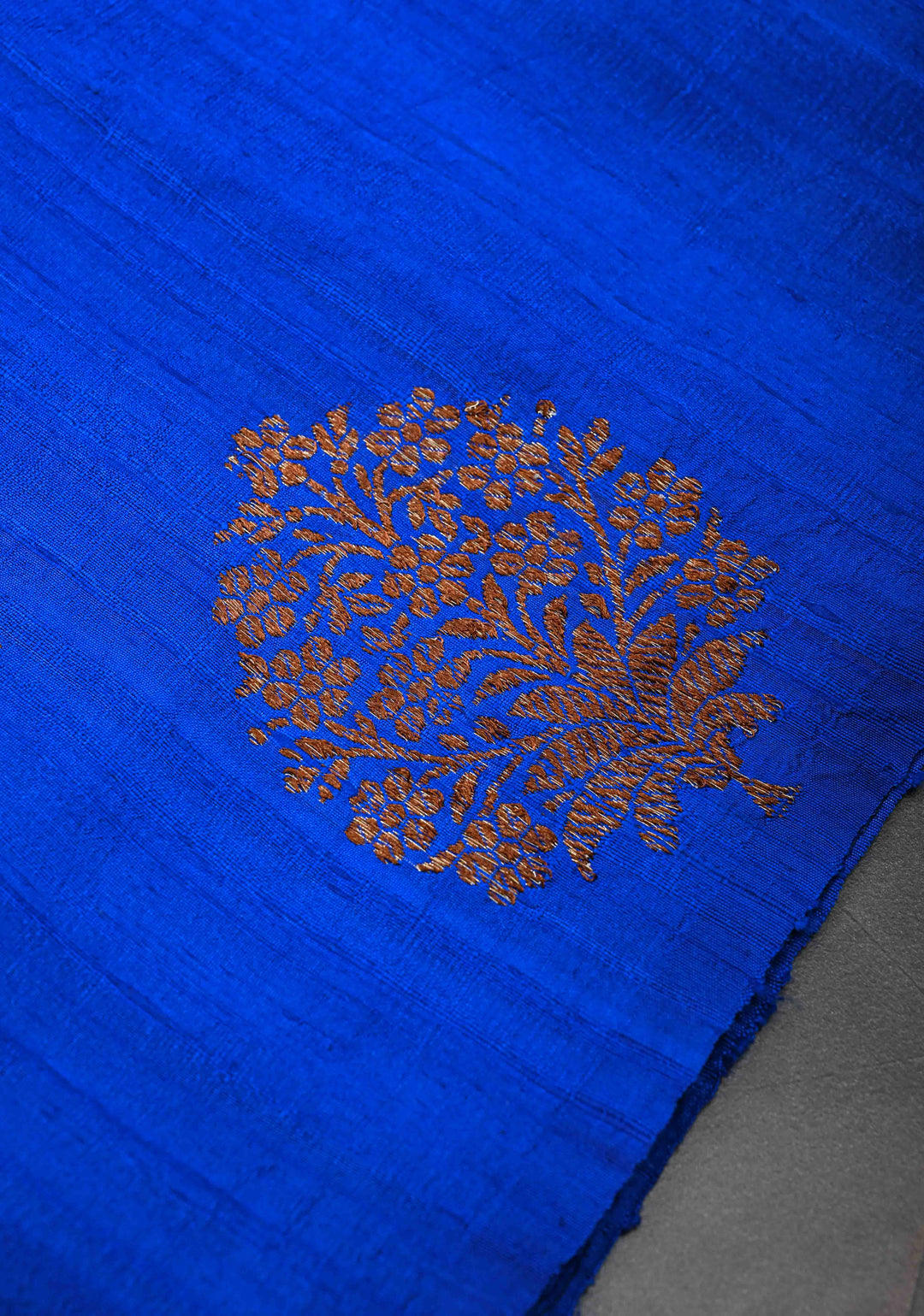 Royal Blue Borderless Banarasi Raw Silk Saree with Damask Antique Zari Buttas | SILK MARK CERTIFIED