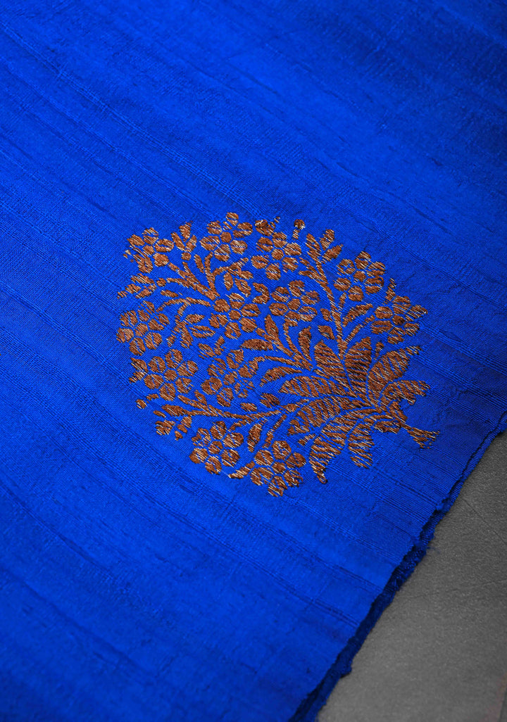 Royal Blue Borderless Banarasi Raw Silk Saree with Damask Antique Zari Buttas | SILK MARK CERTIFIED