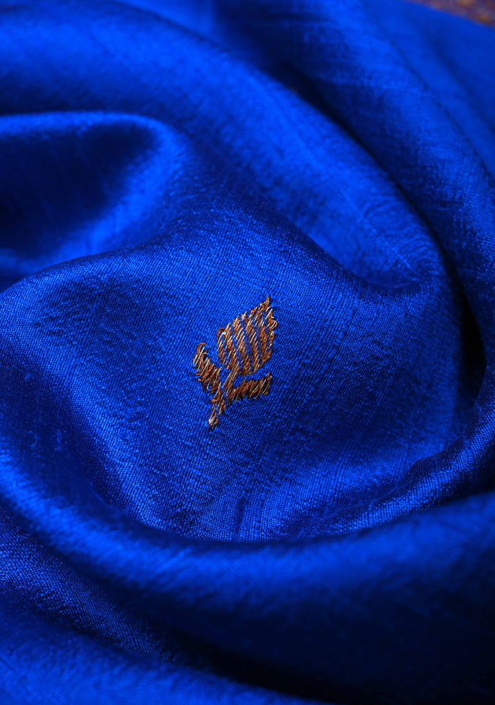 Royal Blue Borderless Banarasi Raw Silk Saree with Damask Antique Zari Buttas | SILK MARK CERTIFIED