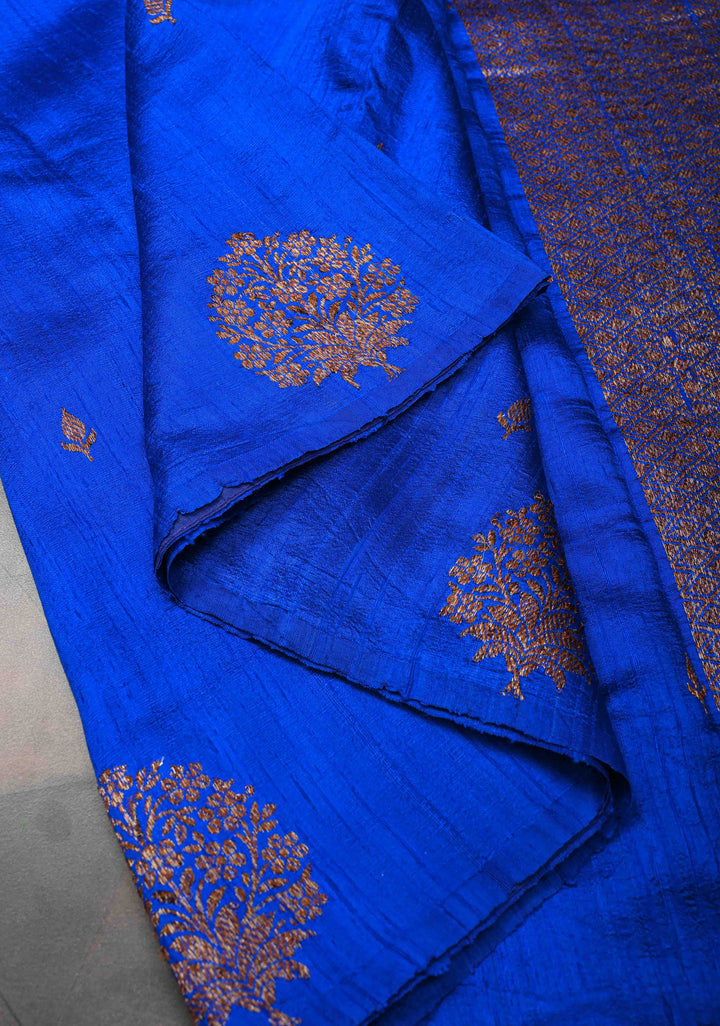 Royal Blue Borderless Banarasi Raw Silk Saree with Damask Antique Zari Buttas | SILK MARK CERTIFIED