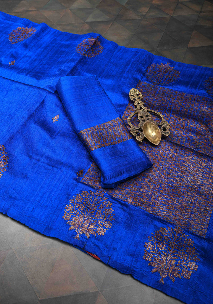 Royal Blue Borderless Banarasi Raw Silk Saree with Damask Antique Zari Buttas | SILK MARK CERTIFIED