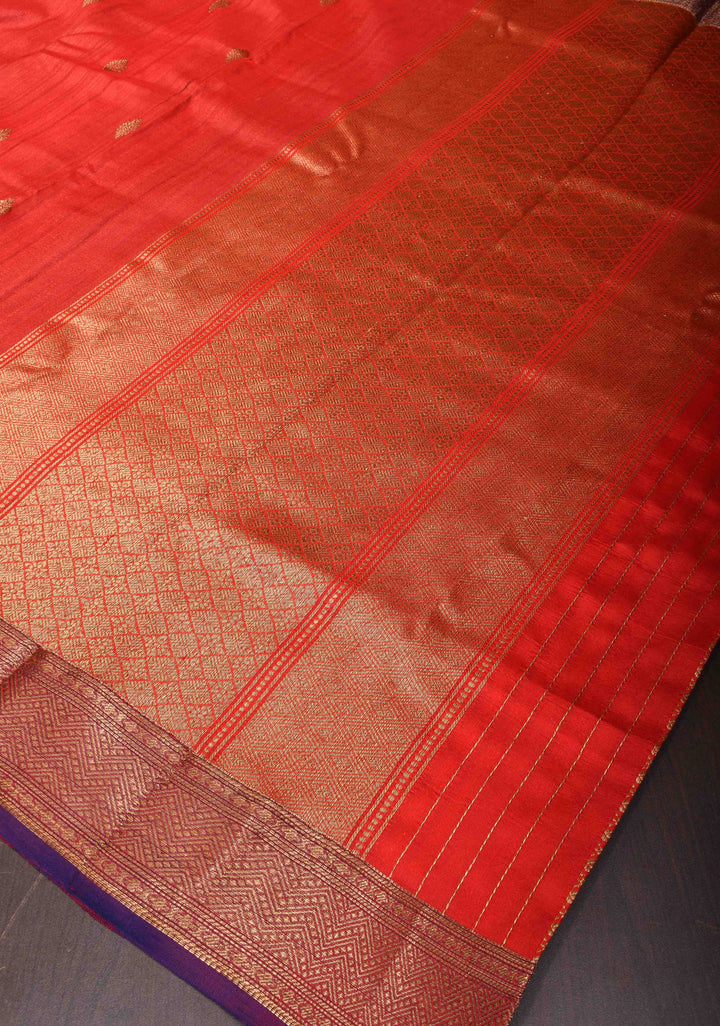 Red Pure Banarasi Tussar Silk Saree with Zari Buttas, Koniya Motifs and Zari Border | SILK MARK CERTIFIED