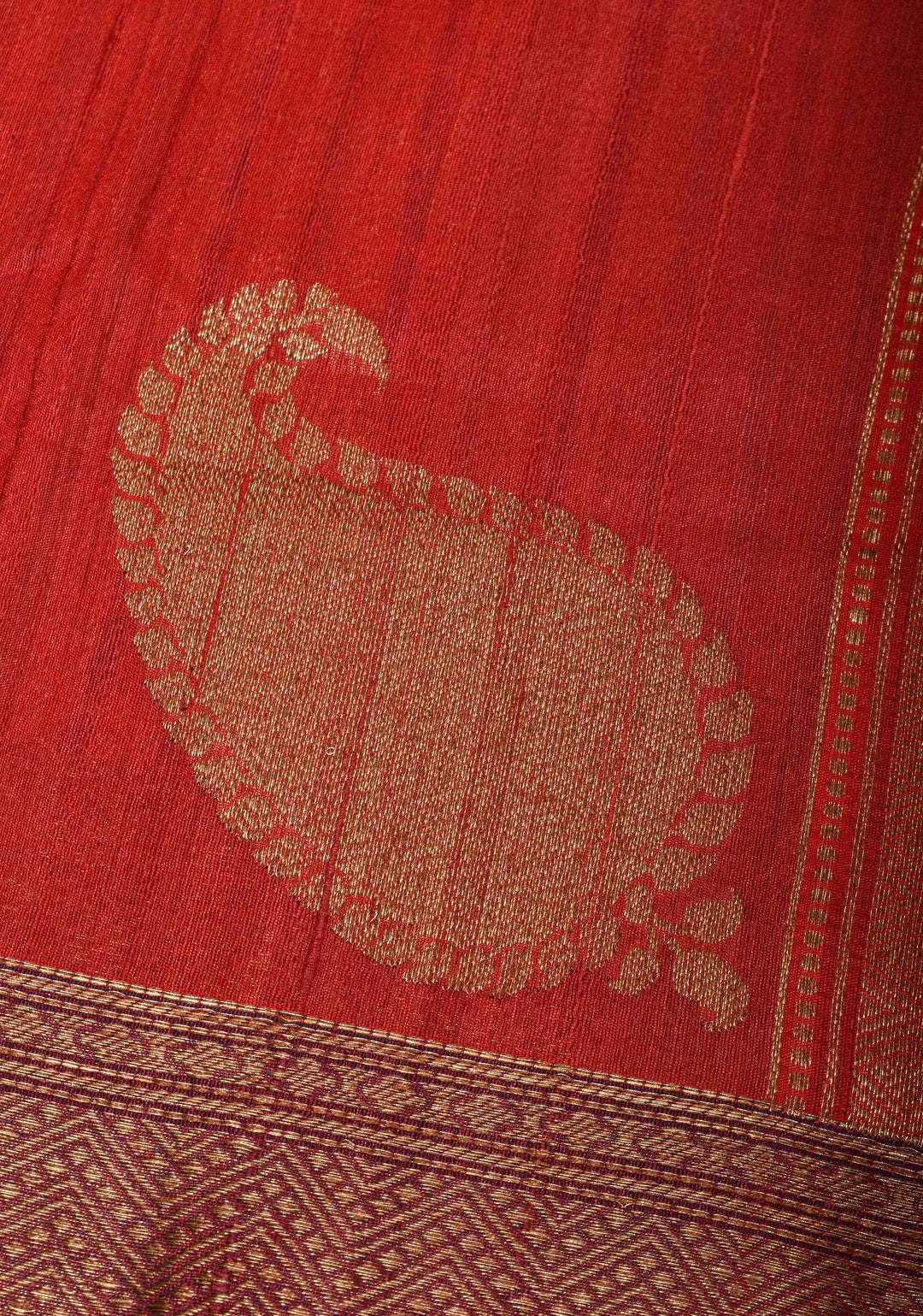 Red Pure Banarasi Tussar Silk Saree with Zari Buttas, Koniya Motifs and Zari Border | SILK MARK CERTIFIED