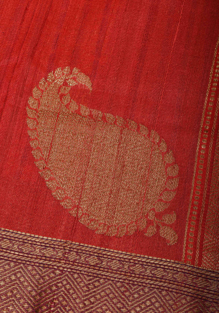 Red Pure Banarasi Tussar Silk Saree with Zari Buttas, Koniya Motifs and Zari Border | SILK MARK CERTIFIED