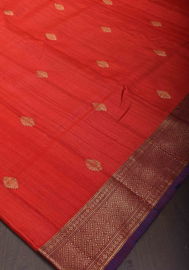 Red Pure Banarasi Tussar Silk Saree with Zari Buttas, Koniya Motifs and Zari Border | SILK MARK CERTIFIED