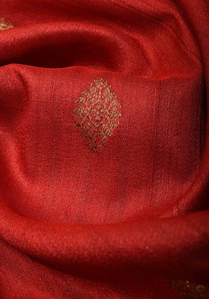 Red Pure Banarasi Tussar Silk Saree with Zari Buttas, Koniya Motifs and Zari Border | SILK MARK CERTIFIED