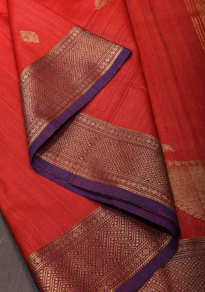 Red Pure Banarasi Tussar Silk Saree with Zari Buttas, Koniya Motifs and Zari Border | SILK MARK CERTIFIED