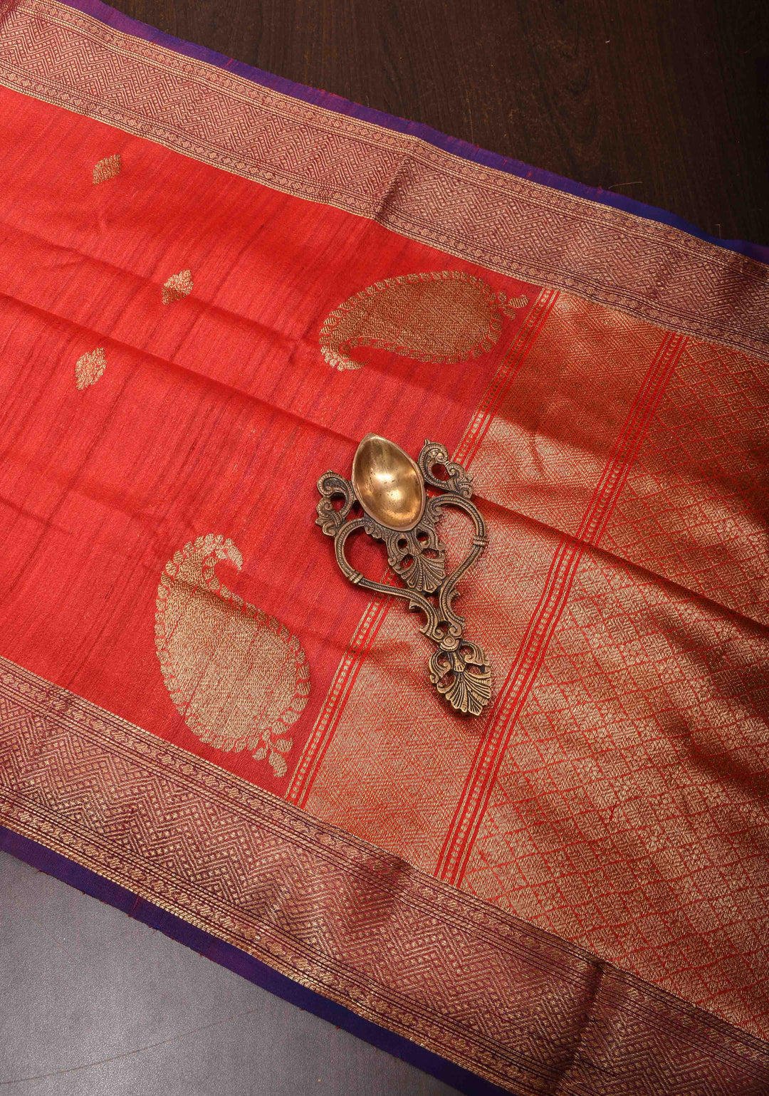 Red Pure Banarasi Tussar Silk Saree with Zari Buttas, Koniya Motifs and Zari Border | SILK MARK CERTIFIED