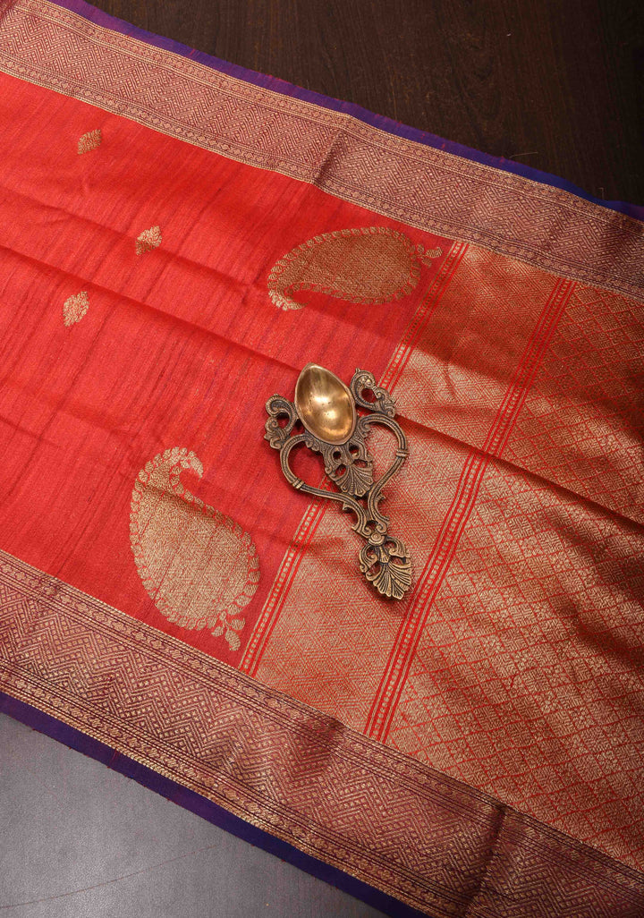 Red Pure Banarasi Tussar Silk Saree with Zari Buttas, Koniya Motifs and Zari Border | SILK MARK CERTIFIED