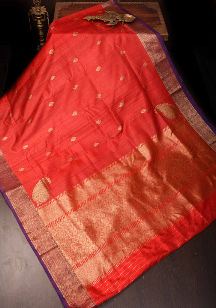 Red Pure Banarasi Tussar Silk Saree with Zari Buttas, Koniya Motifs and Zari Border | SILK MARK CERTIFIED