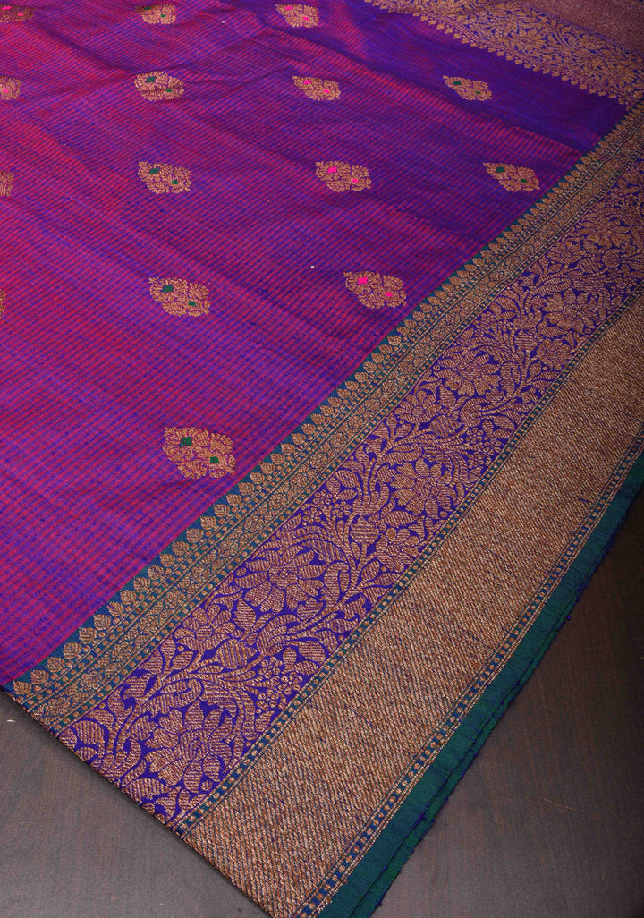Purple Dual tone Pure Banarasi Dupion Silk Saree with Meenakari Buttas and Zari Border | SILK MARK CERTIFIED