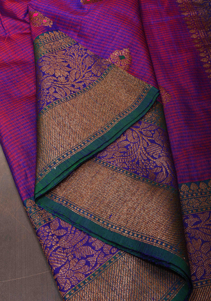 Purple Dual tone Pure Banarasi Dupion Silk Saree with Meenakari Buttas and Zari Border | SILK MARK CERTIFIED