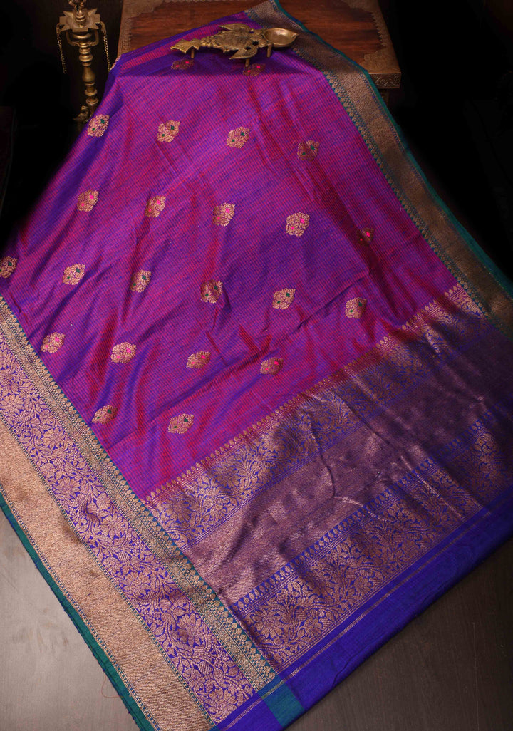 Purple Dual tone Pure Banarasi Dupion Silk Saree with Meenakari Buttas and Zari Border | SILK MARK CERTIFIED