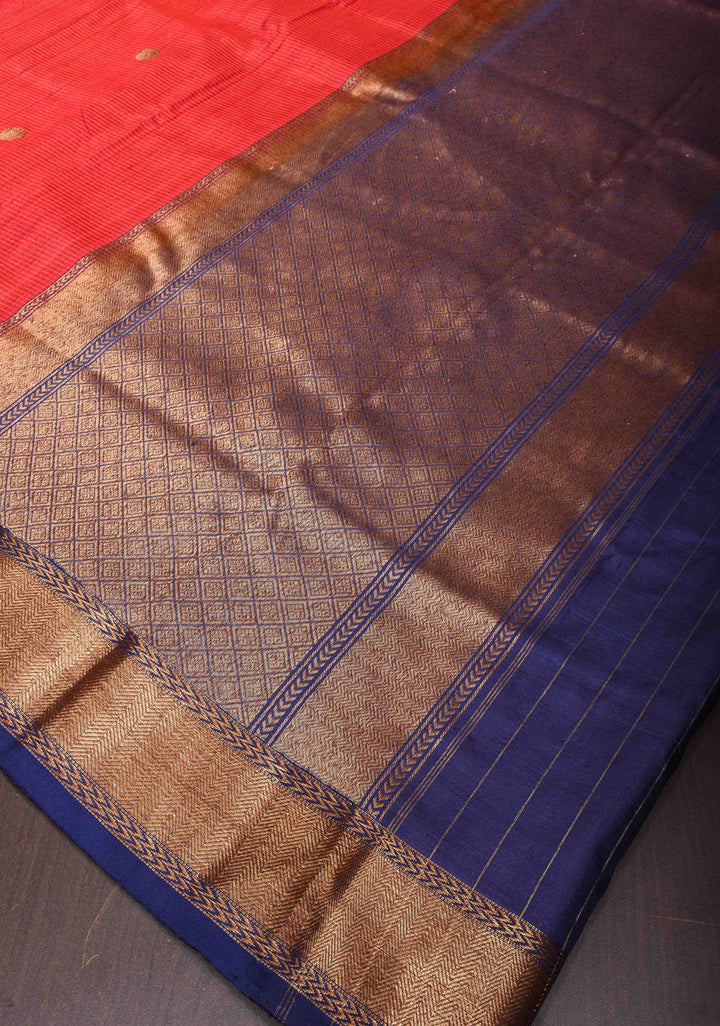 Brick Red Pure Banarasi Cotton Tussar Silk Saree with Zari Buttas and Koniya Motifs | SILK MARK CERTIFIED