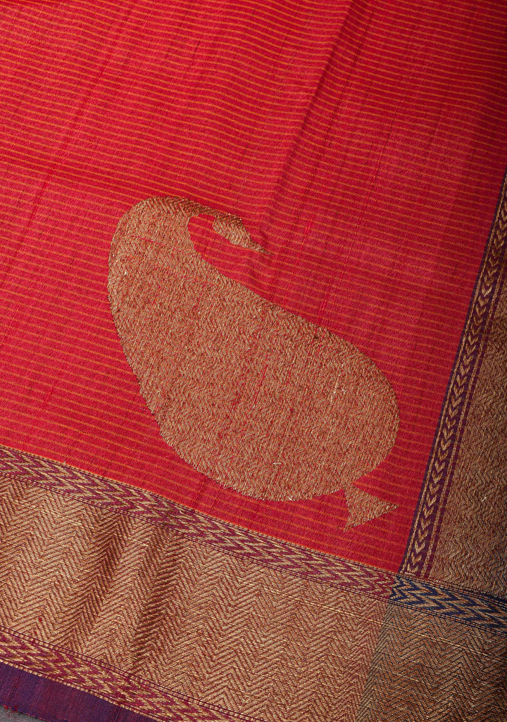Brick Red Pure Banarasi Cotton Tussar Silk Saree with Zari Buttas and Koniya Motifs | SILK MARK CERTIFIED