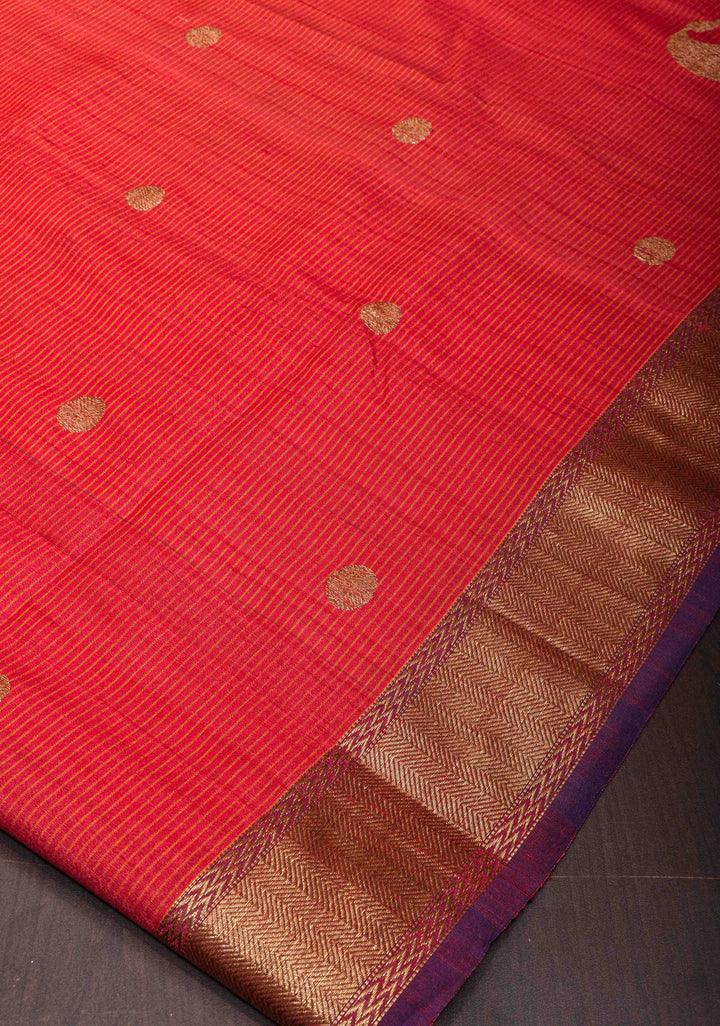 Brick Red Pure Banarasi Cotton Tussar Silk Saree with Zari Buttas and Koniya Motifs | SILK MARK CERTIFIED