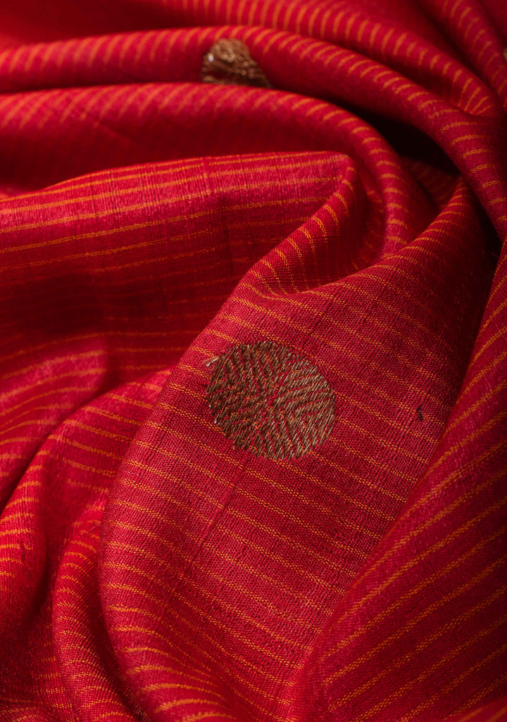 Brick Red Pure Banarasi Cotton Tussar Silk Saree with Zari Buttas and Koniya Motifs | SILK MARK CERTIFIED