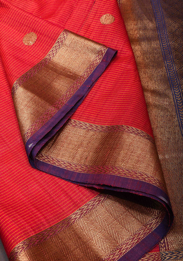 Brick Red Pure Banarasi Cotton Tussar Silk Saree with Zari Buttas and Koniya Motifs | SILK MARK CERTIFIED