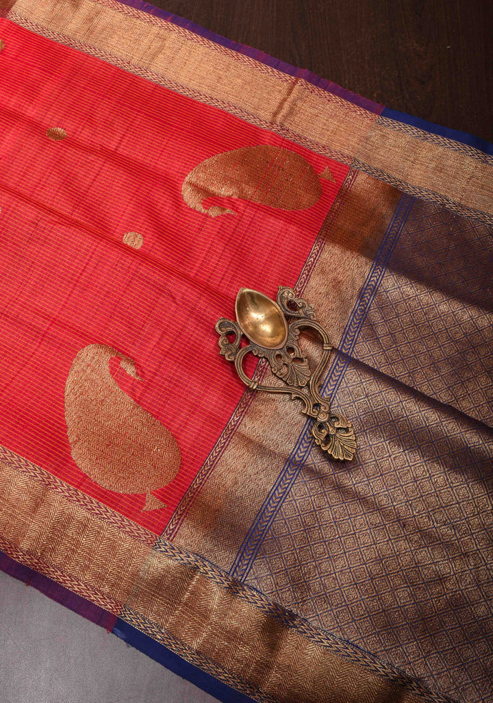 Brick Red Pure Banarasi Cotton Tussar Silk Saree with Zari Buttas and Koniya Motifs | SILK MARK CERTIFIED