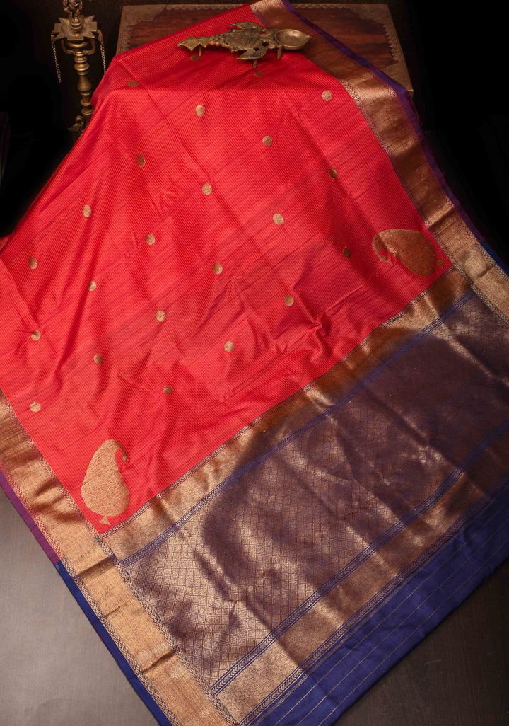 Brick Red Pure Banarasi Cotton Tussar Silk Saree with Zari Buttas and Koniya Motifs | SILK MARK CERTIFIED