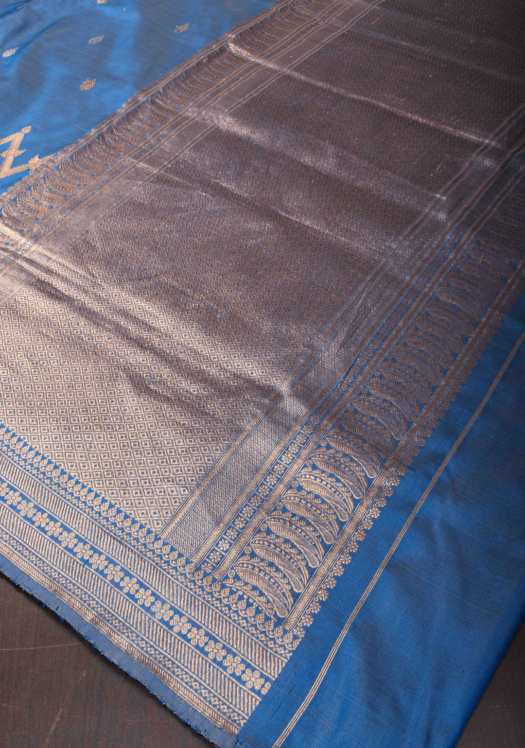 Slate Blue Banarasi Katan silk saree with half and half design | SILK MARK CERTIFIED