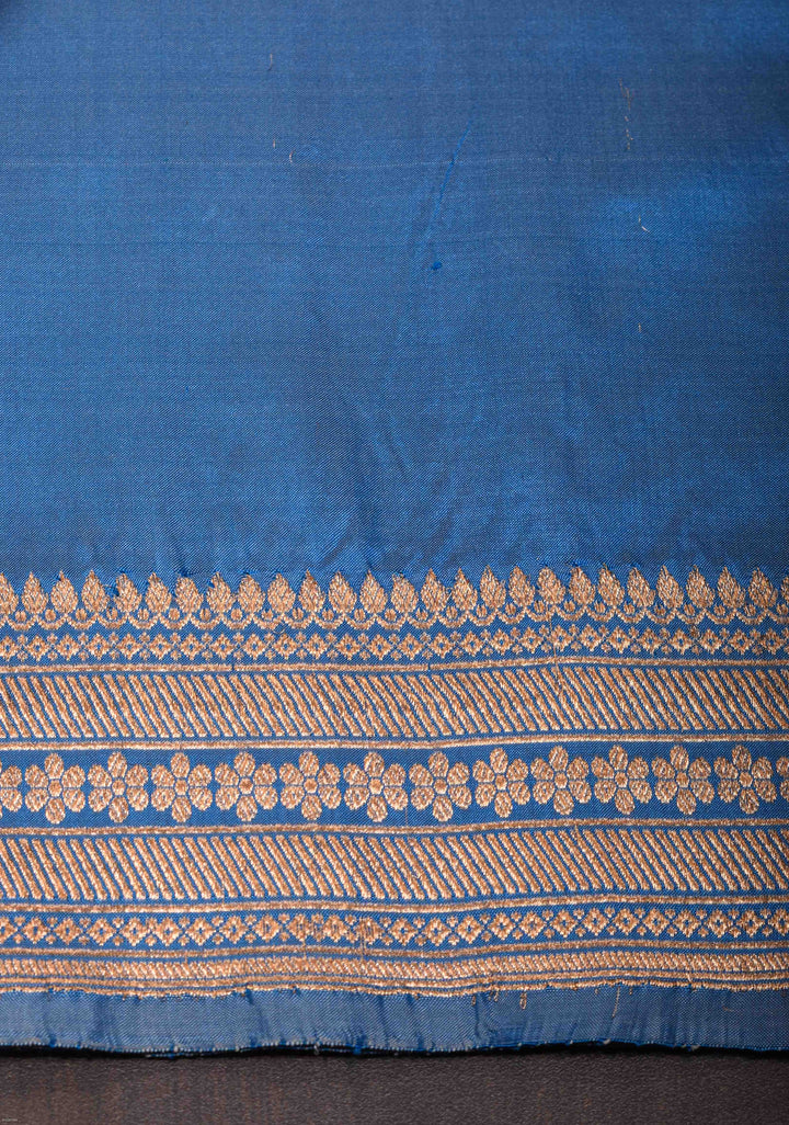 Slate Blue Banarasi Katan silk saree with half and half design | SILK MARK CERTIFIED