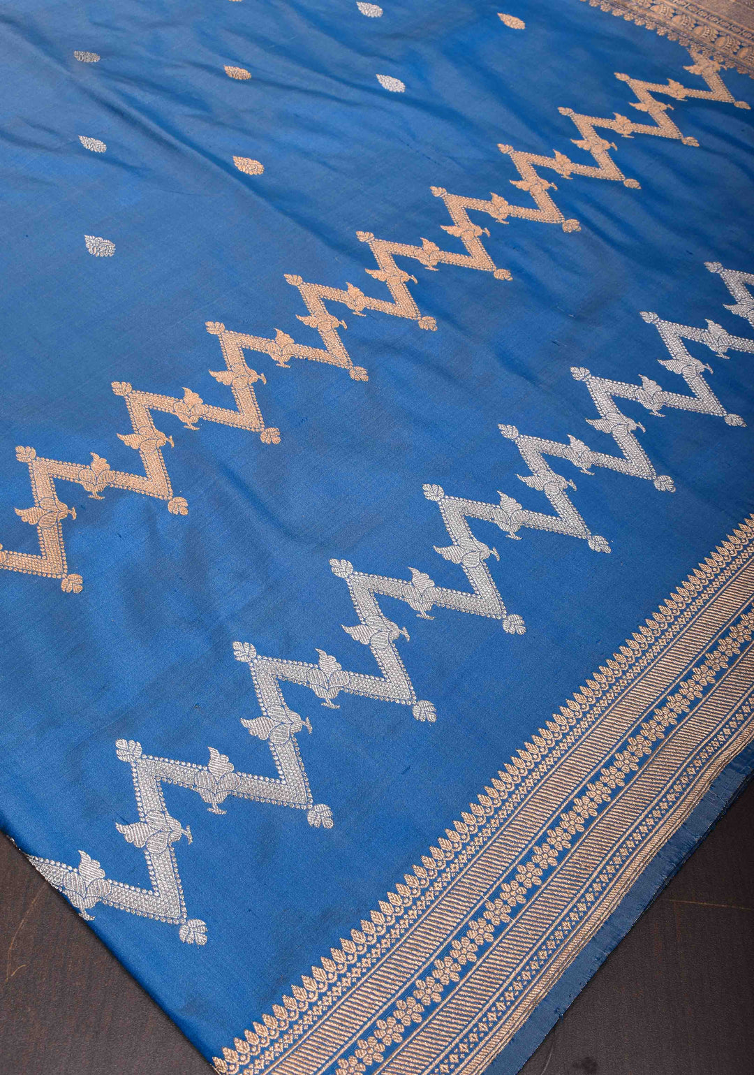 Slate Blue Banarasi Katan silk saree with half and half design | SILK MARK CERTIFIED