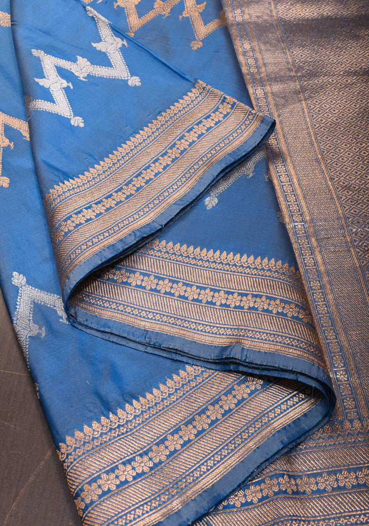 Slate Blue Banarasi Katan silk saree with half and half design | SILK MARK CERTIFIED
