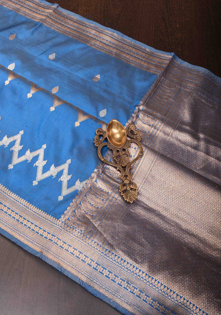 Slate Blue Banarasi Katan silk saree with half and half design | SILK MARK CERTIFIED