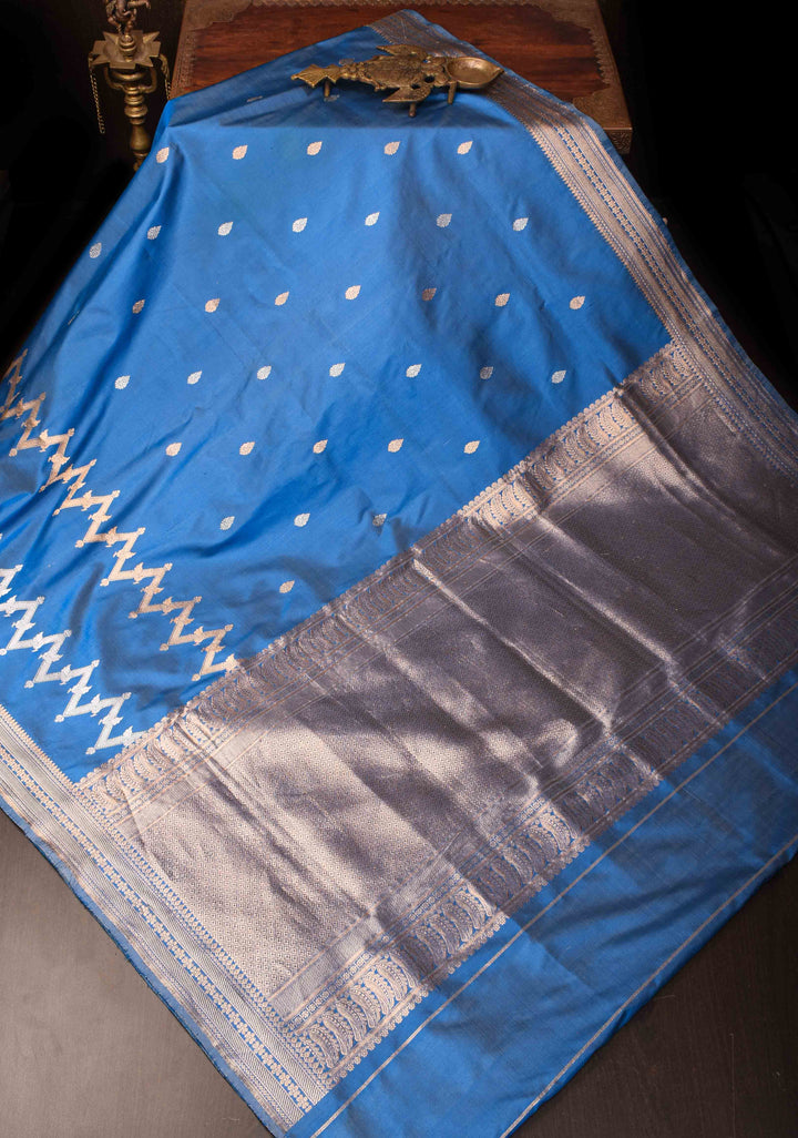 Slate Blue Banarasi Katan silk saree with half and half design | SILK MARK CERTIFIED