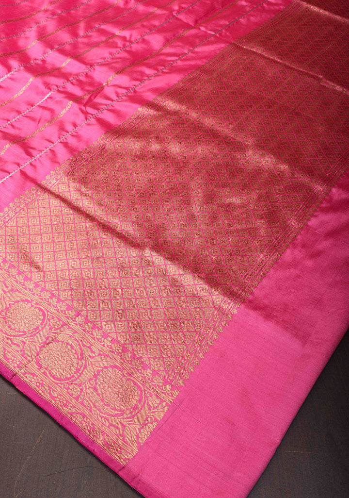 Bubblegum Pink Banarasi Katan silk saree with Sona Rupa ornate 2 design vertical stripes and Zari Border| SILK MARK CERTIFIED