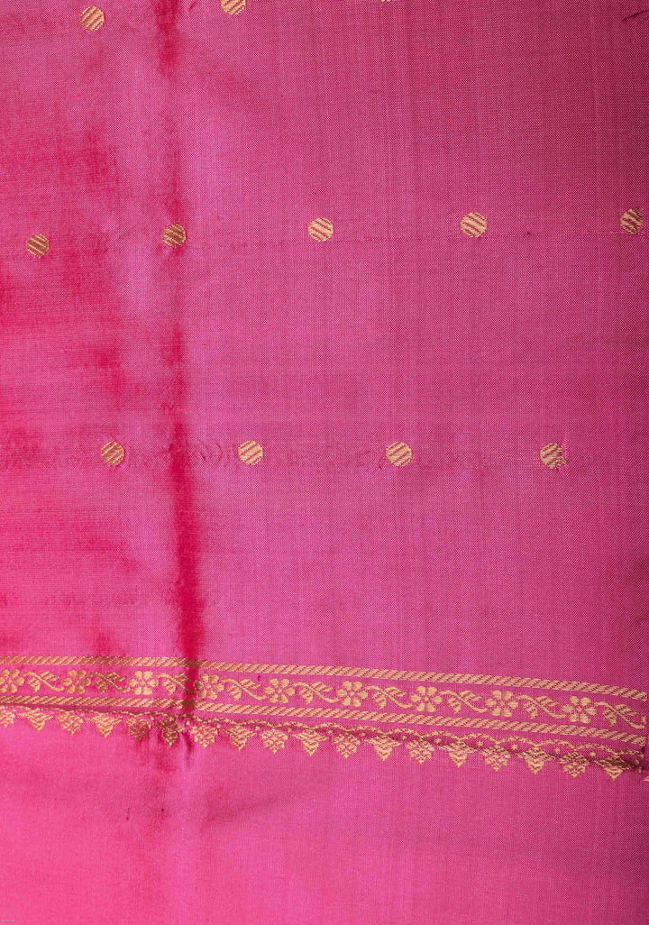 Bubblegum Pink Banarasi Katan silk saree with Sona Rupa ornate 2 design vertical stripes and Zari Border| SILK MARK CERTIFIED