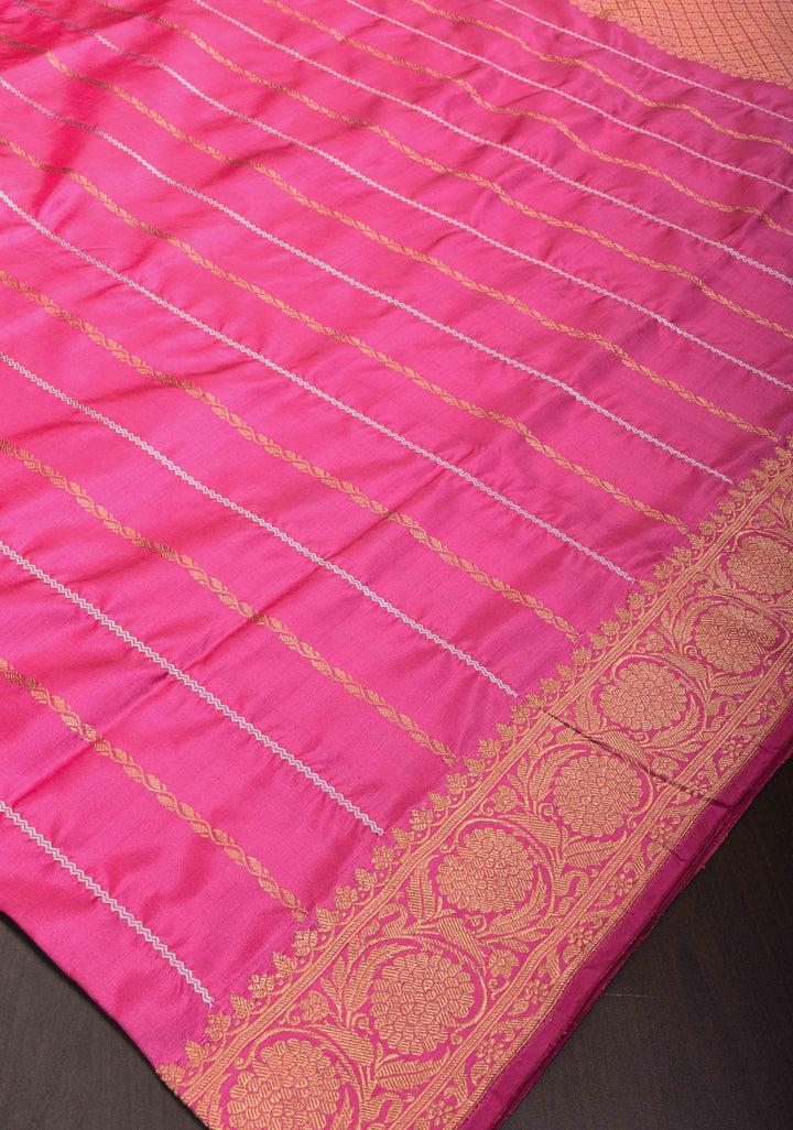 Bubblegum Pink Banarasi Katan silk saree with Sona Rupa ornate 2 design vertical stripes and Zari Border| SILK MARK CERTIFIED