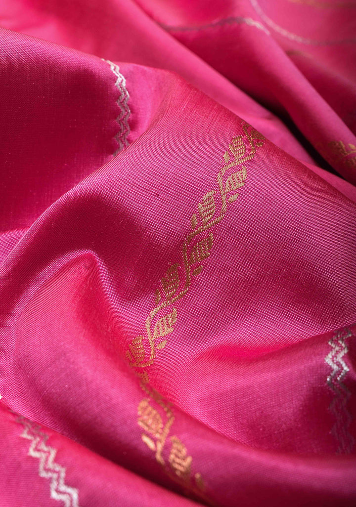 Bubblegum Pink Banarasi Katan silk saree with Sona Rupa ornate 2 design vertical stripes and Zari Border| SILK MARK CERTIFIED