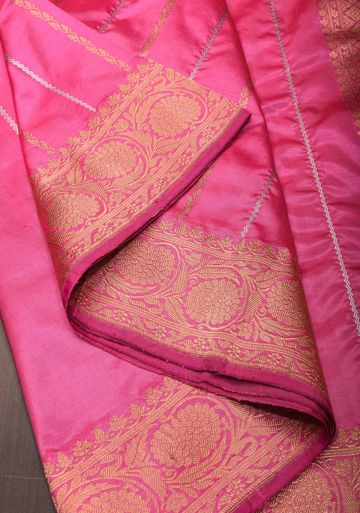 Bubblegum Pink Banarasi Katan silk saree with Sona Rupa ornate 2 design vertical stripes and Zari Border| SILK MARK CERTIFIED