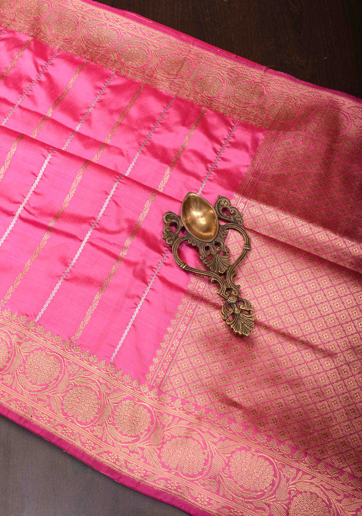Bubblegum Pink Banarasi Katan silk saree with Sona Rupa ornate 2 design vertical stripes and Zari Border| SILK MARK CERTIFIED