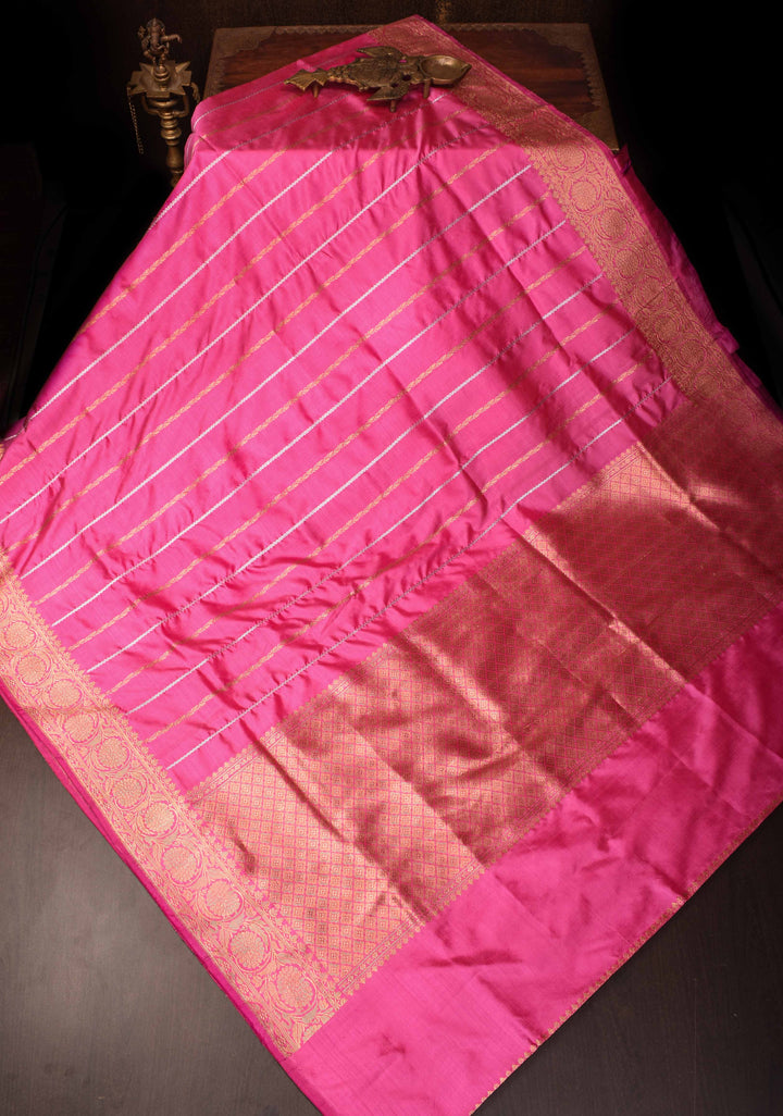 Bubblegum Pink Banarasi Katan silk saree with Sona Rupa ornate 2 design vertical stripes and Zari Border| SILK MARK CERTIFIED