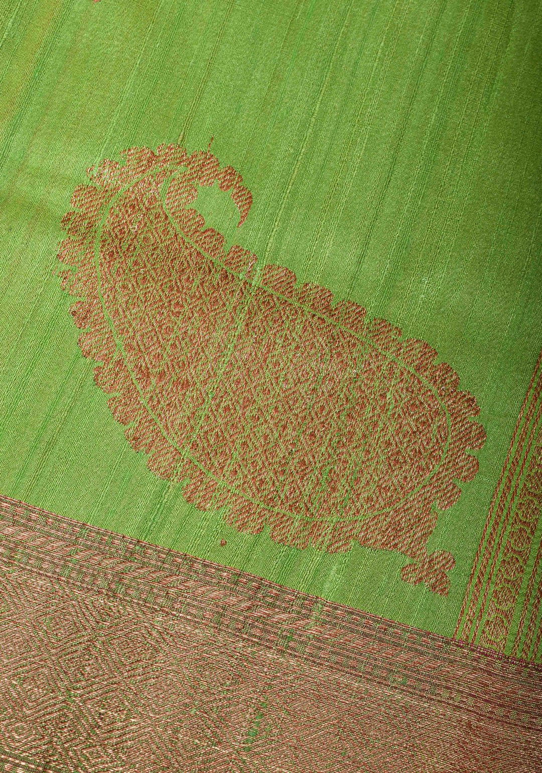 Leaf Green Pure Banarasi Tussar Silk Saree with Zari Buttas, Border and Koniya Motifs | SILK MARK CERTIFIED