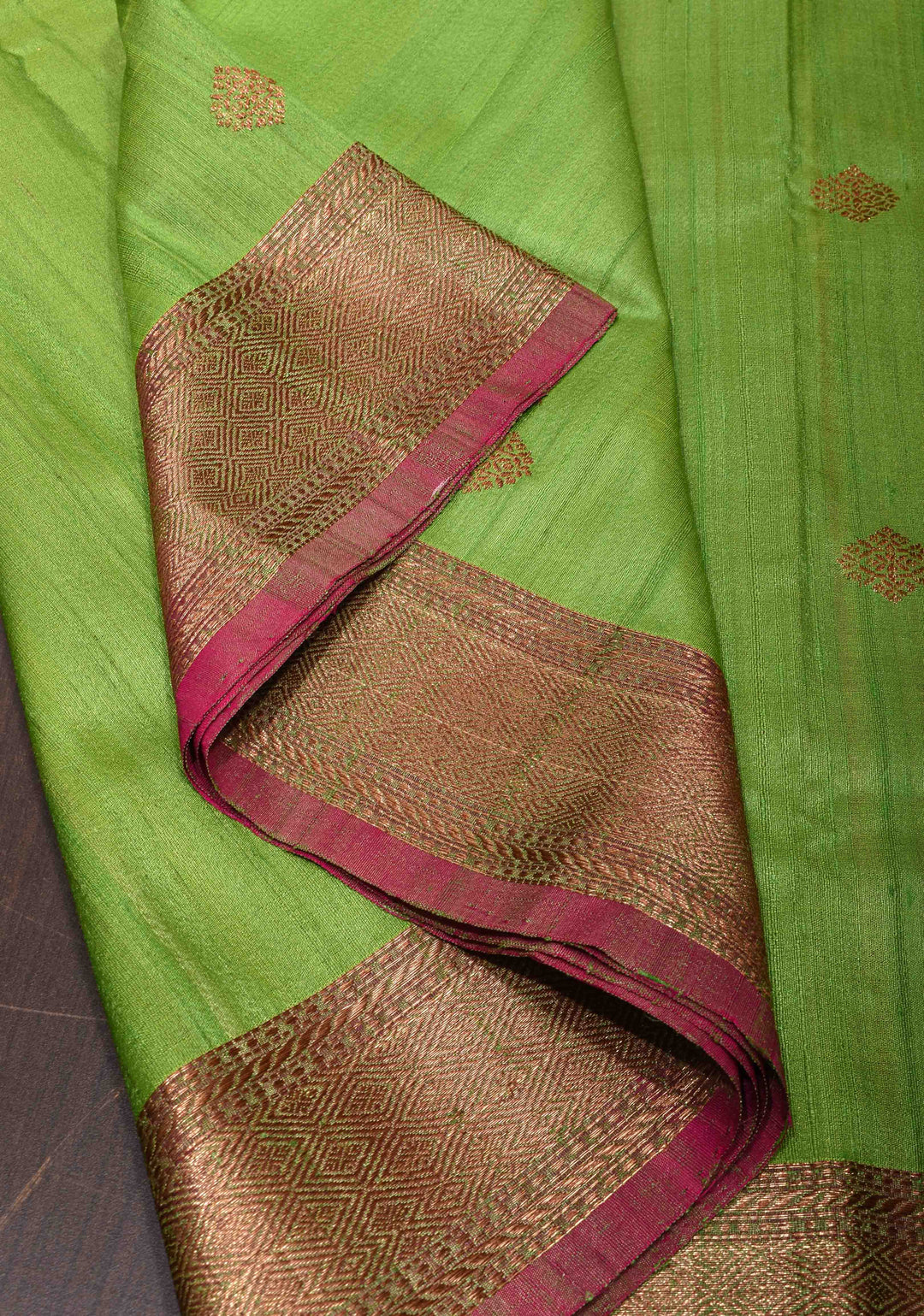 Leaf Green Pure Banarasi Tussar Silk Saree with Zari Buttas, Border and Koniya Motifs | SILK MARK CERTIFIED