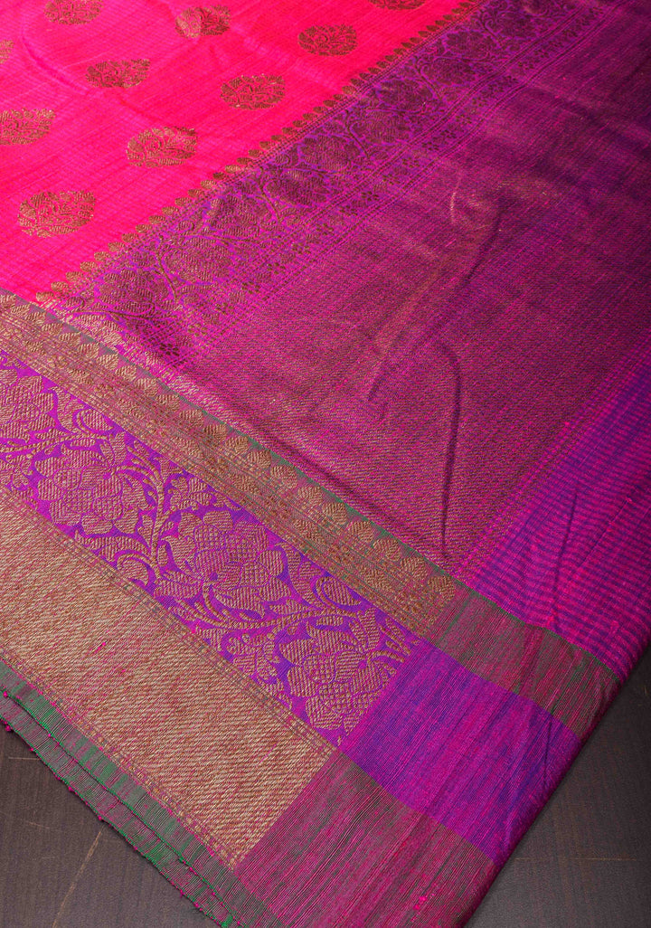 Hot Pink Pure Banarasi Dupion Silk Saree with Zari Buttas and Contrast Zari Border | SILK MARK CERTIFIED