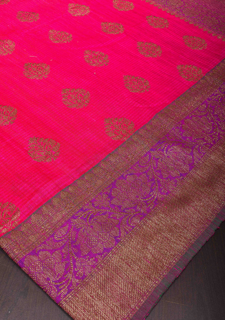 Hot Pink Pure Banarasi Dupion Silk Saree with Zari Buttas and Contrast Zari Border | SILK MARK CERTIFIED