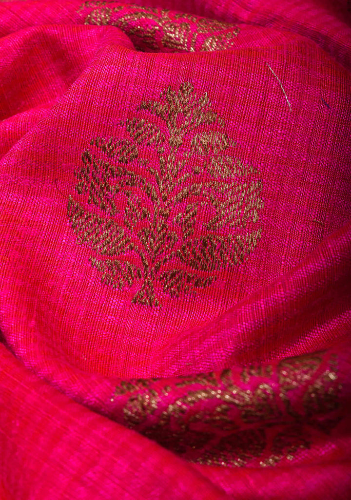Hot Pink Pure Banarasi Dupion Silk Saree with Zari Buttas and Contrast Zari Border | SILK MARK CERTIFIED