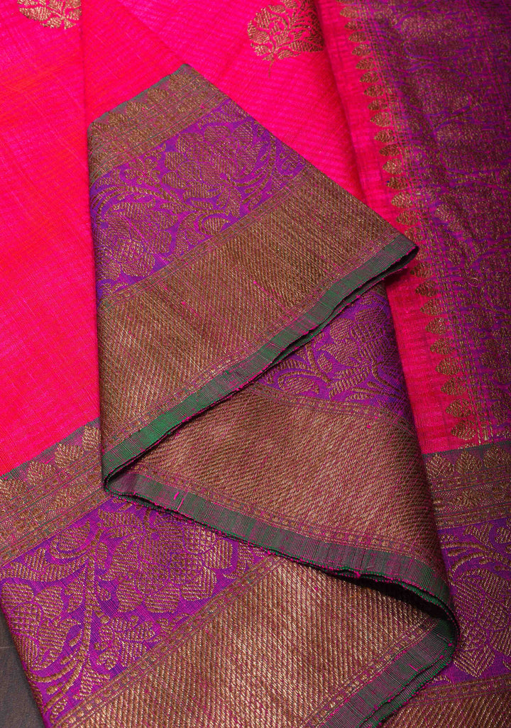 Hot Pink Pure Banarasi Dupion Silk Saree with Zari Buttas and Contrast Zari Border | SILK MARK CERTIFIED