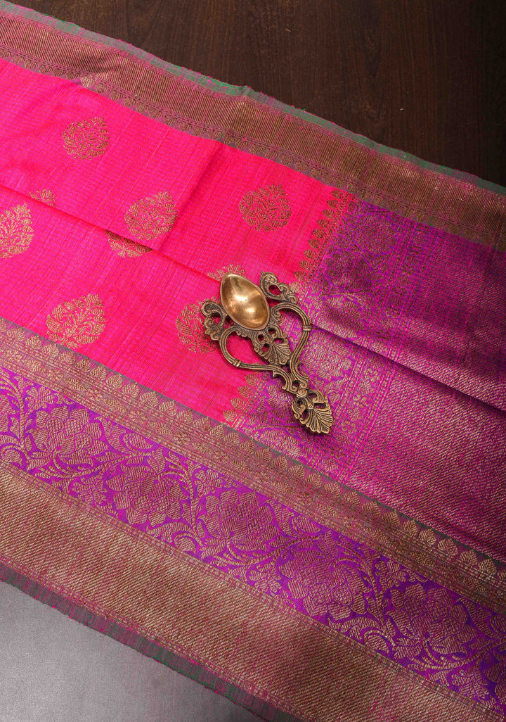 Hot Pink Pure Banarasi Dupion Silk Saree with Zari Buttas and Contrast Zari Border | SILK MARK CERTIFIED