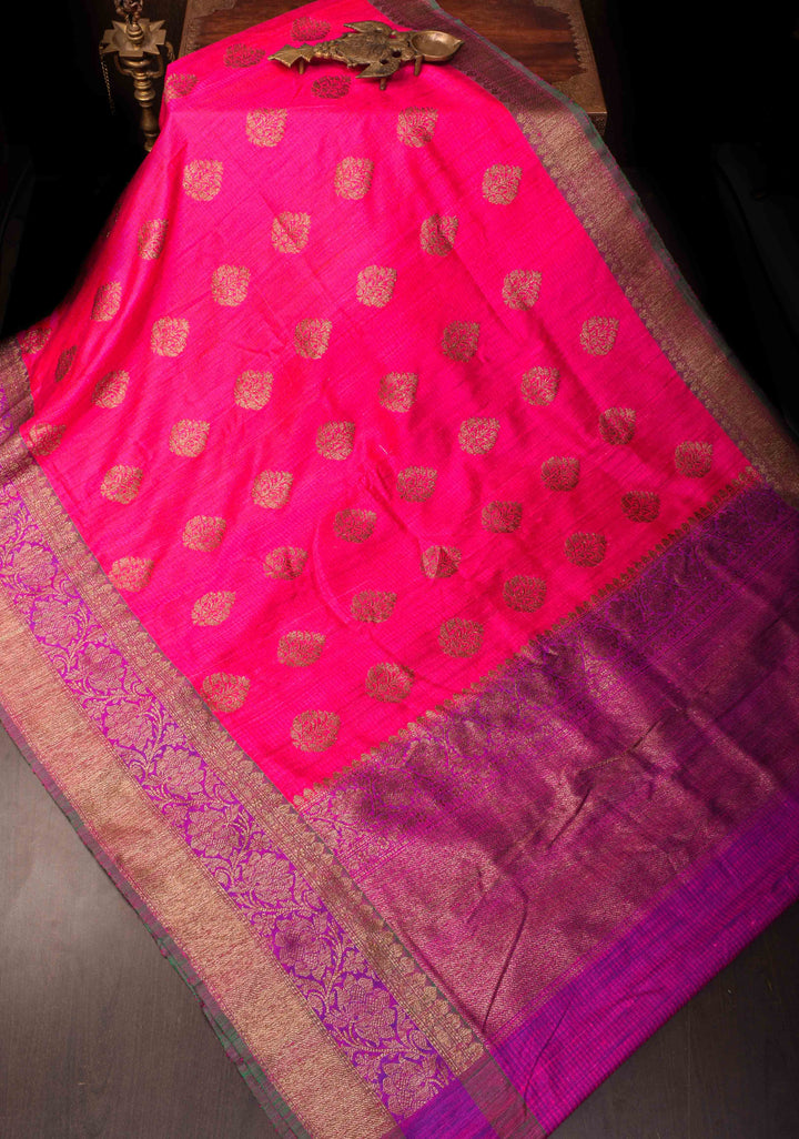 Hot Pink Pure Banarasi Dupion Silk Saree with Zari Buttas and Contrast Zari Border | SILK MARK CERTIFIED