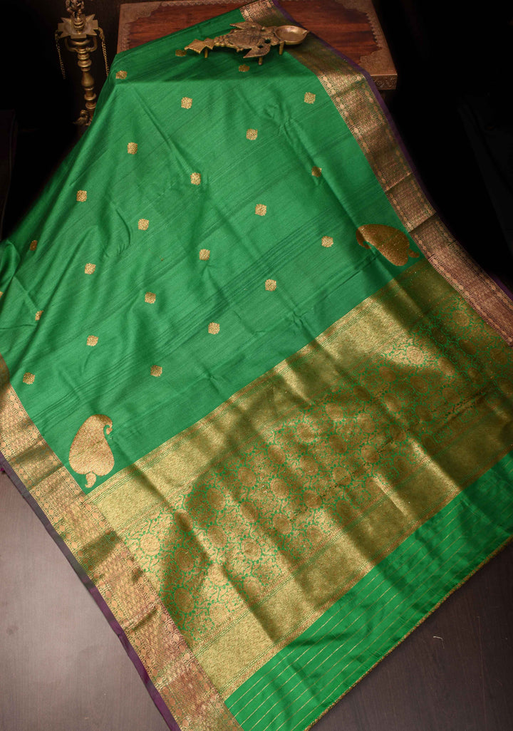 Green Pure Banarasi Tussar Silk Saree with Zari Buttas, Border and Koniya motifs | SILK MARK CERTIFIED