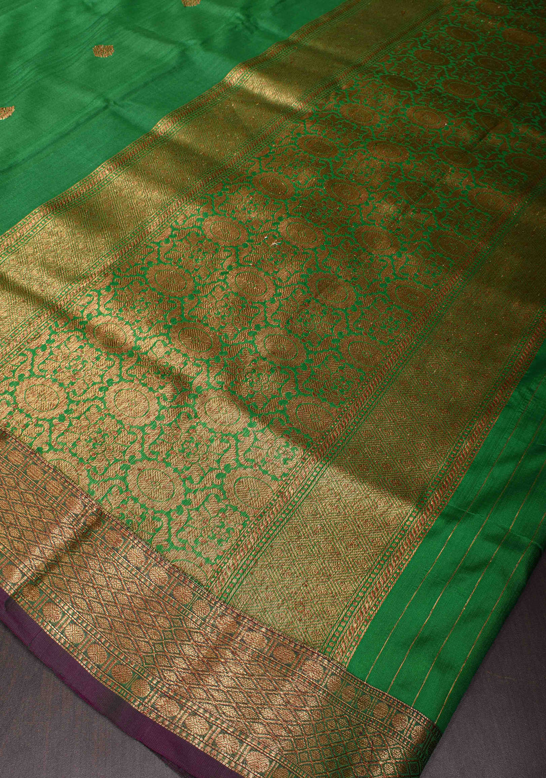Green Pure Banarasi Tussar Silk Saree with Zari Buttas, Border and Koniya motifs | SILK MARK CERTIFIED