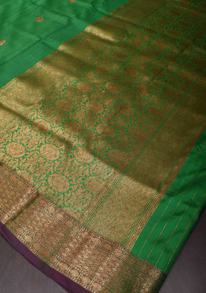 Green Pure Banarasi Tussar Silk Saree with Zari Buttas, Border and Koniya motifs | SILK MARK CERTIFIED
